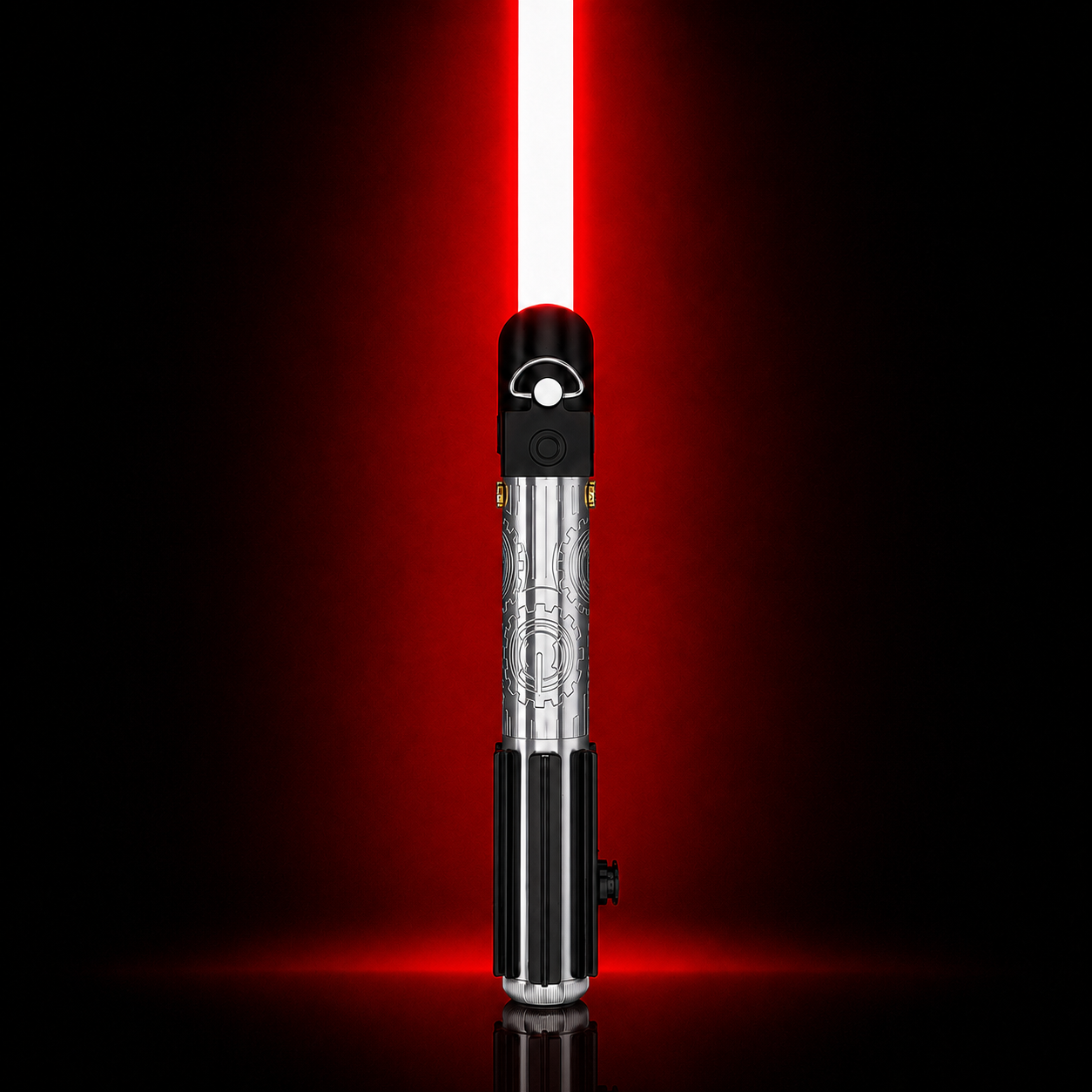 Crimson Reign lightsaber with red blade and black-and-silver engraved hilt