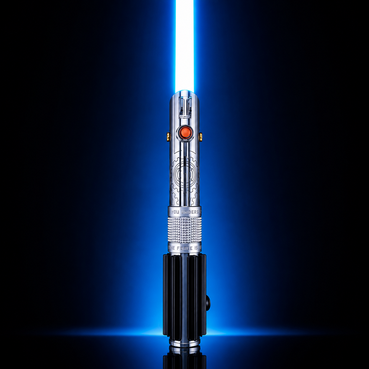 Chosen Legacy lightsaber with blue blade and engraved silver hilt