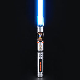 Emberheart Crystal silver saber with blue blade and exposed crystal chamber