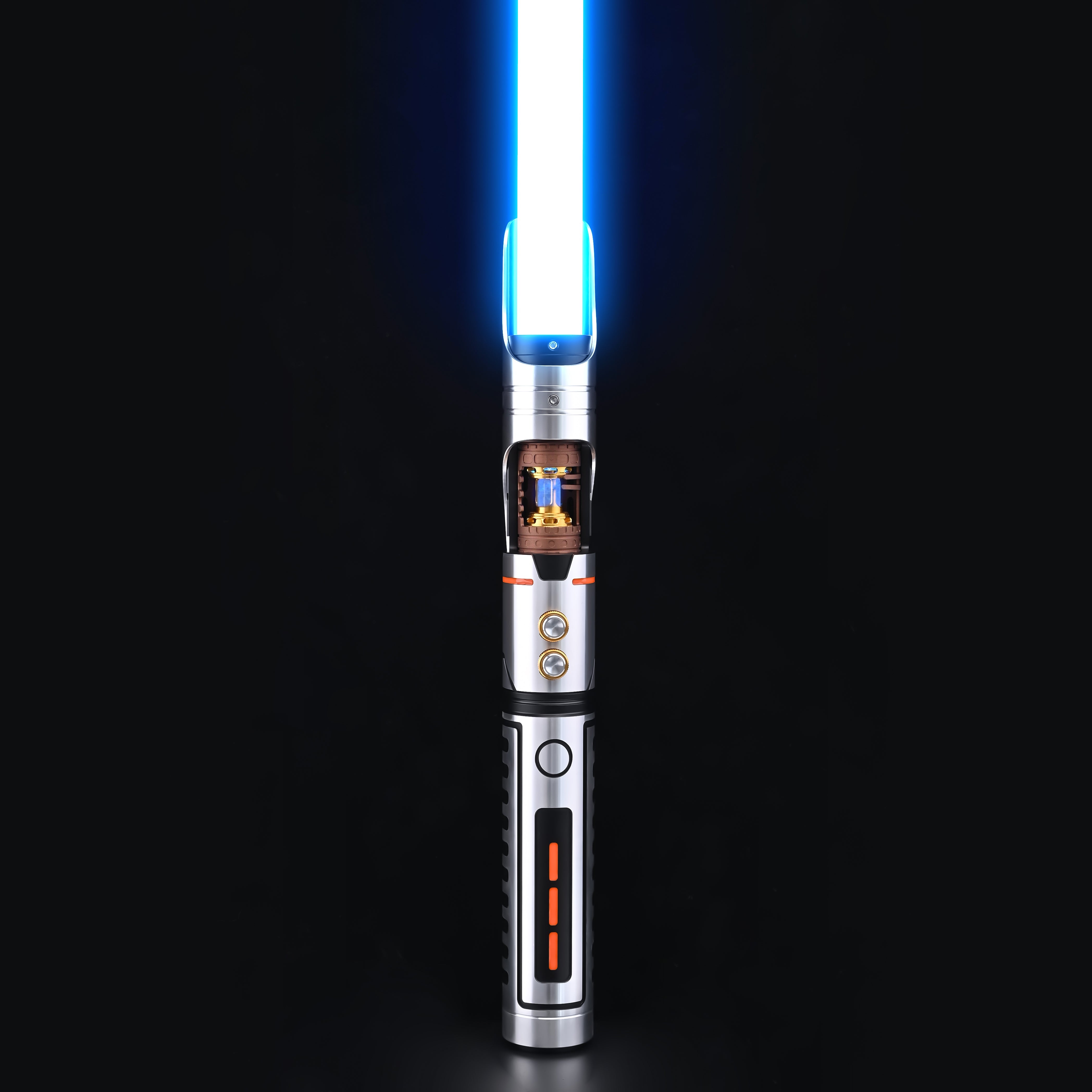 Emberheart Crystal silver saber with blue blade and exposed crystal chamber