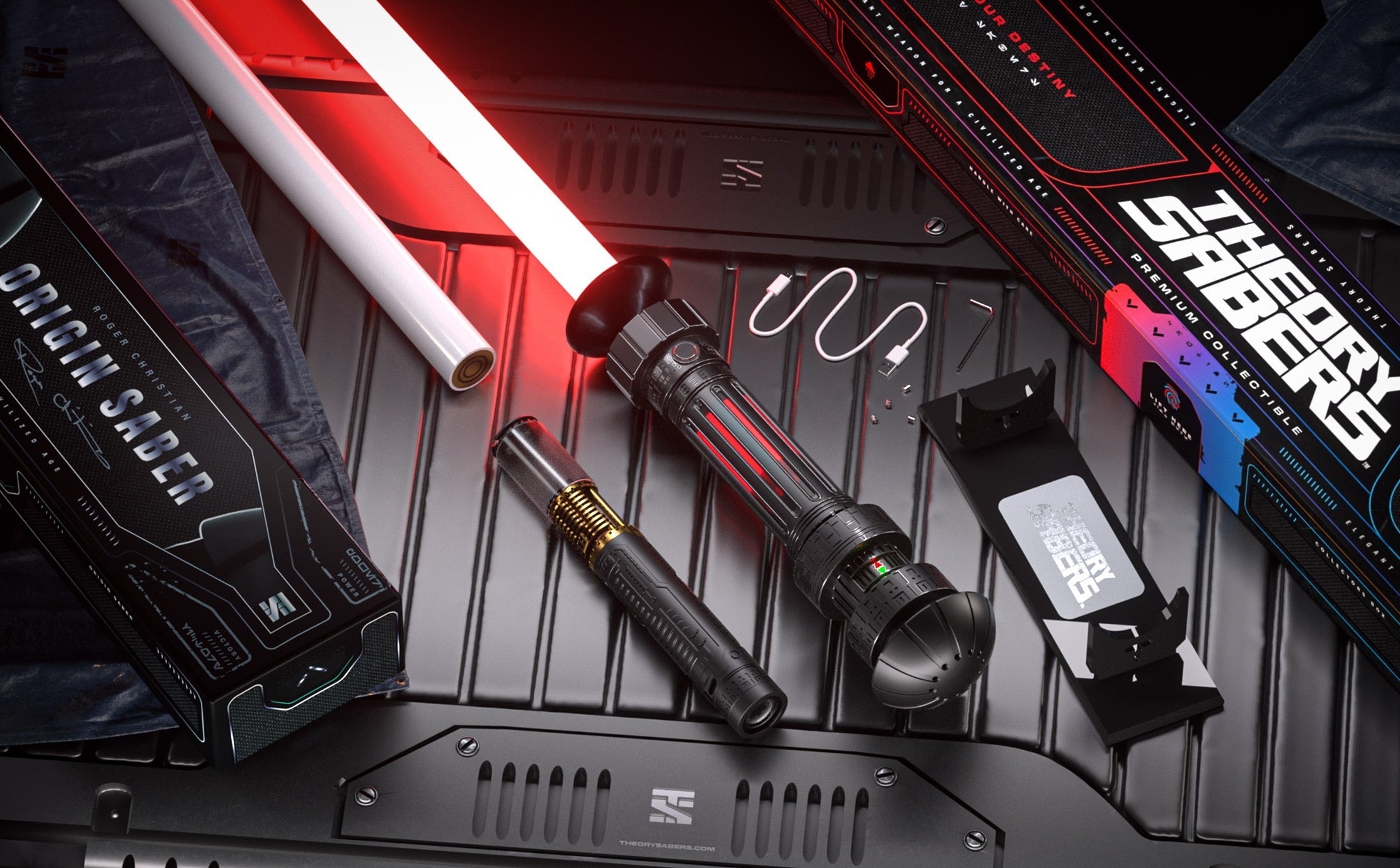 Two performers holding illuminated sabers