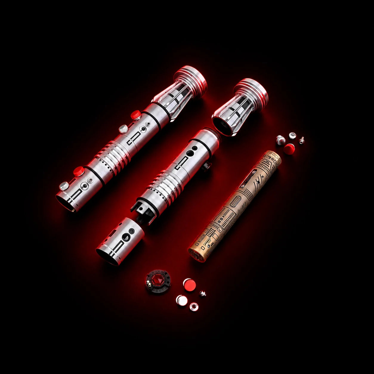 Actual Maul parts and internal core shown outside the hilt