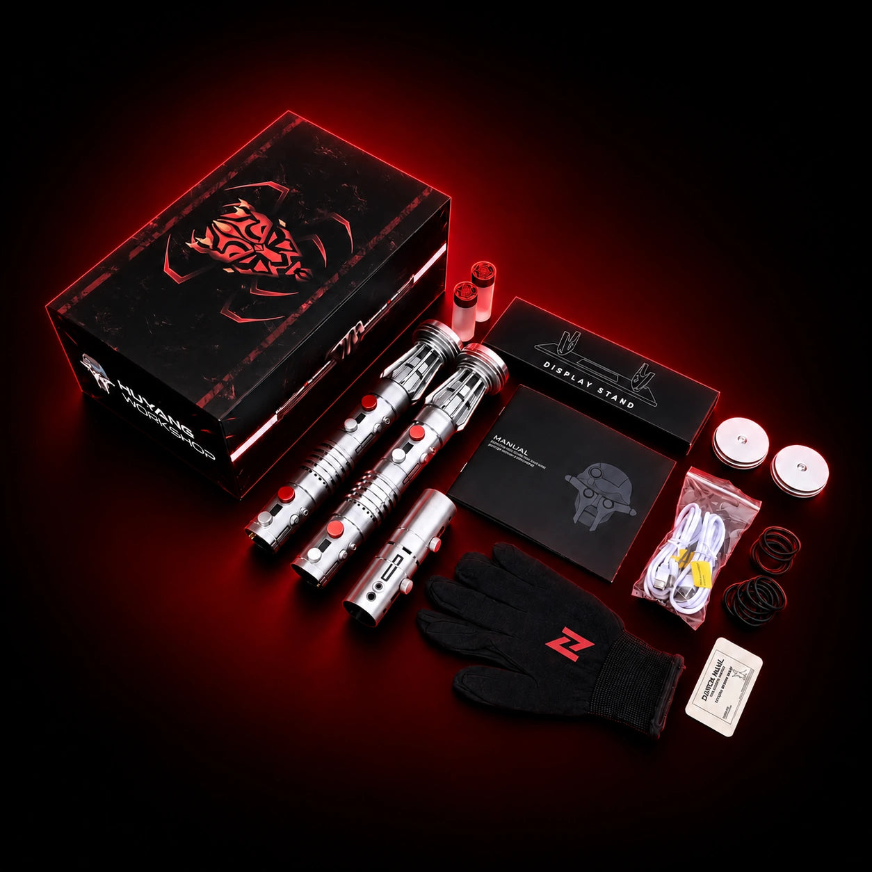 Maul collector set with two silver hilts, illustrated collector box, display stand, manual, black limited-edition glove, numbered nameplate and accessories